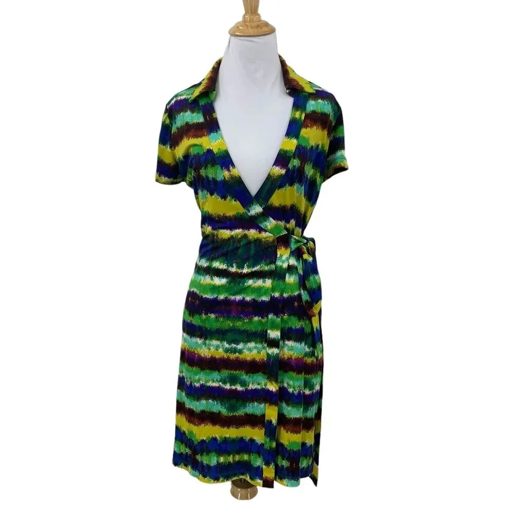 Calvin Klein Tie Dye Wrap Womens 4 Cap Sleeve Plunge V Neck Collar Waist Tie